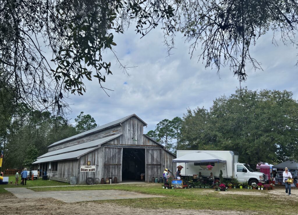 Historic wooden barn with vendor tents and visitors at the Florida Agricultural Museum grounds
