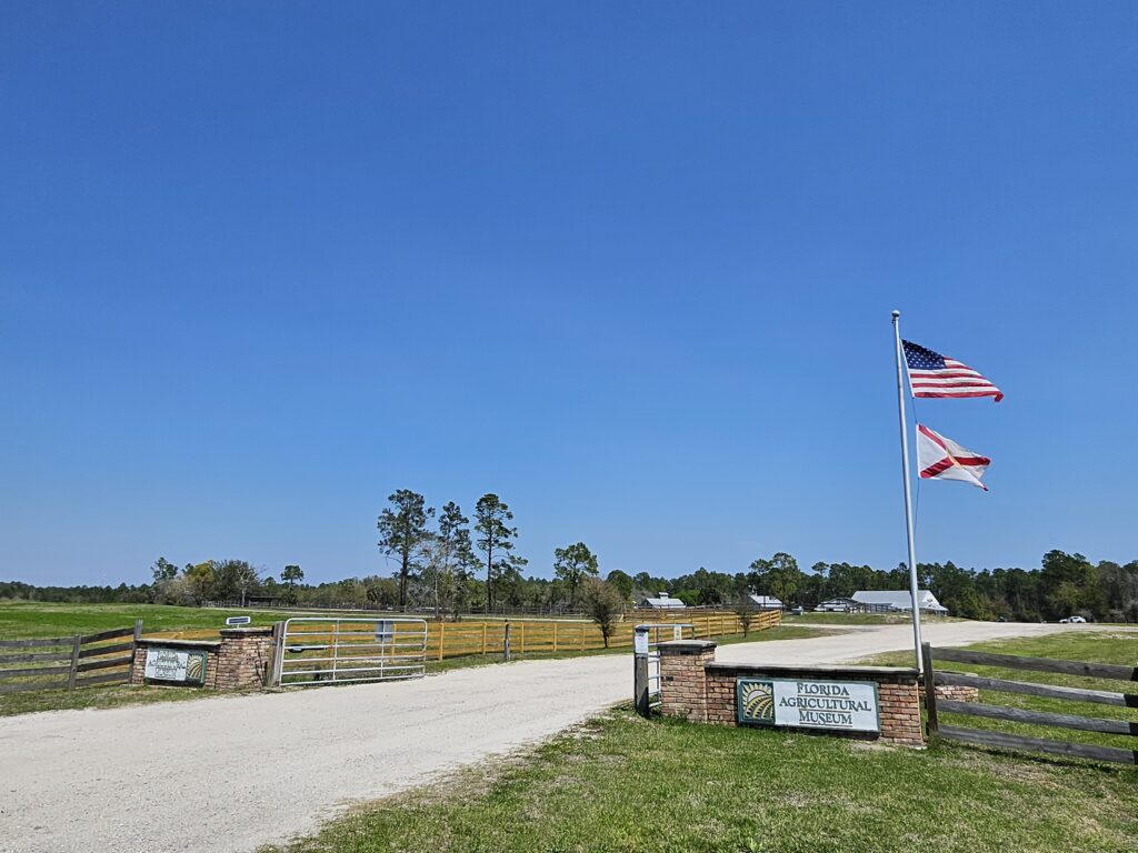 Entrance to the Florida Agricultural Museum with a gravel driveway, wooden fencing, and American and Florida flags under a clear blue sky