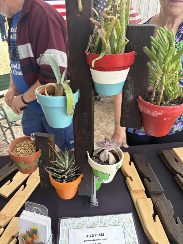 Colorful potted plants hanging from wooden holders displayed on a table at a craft market