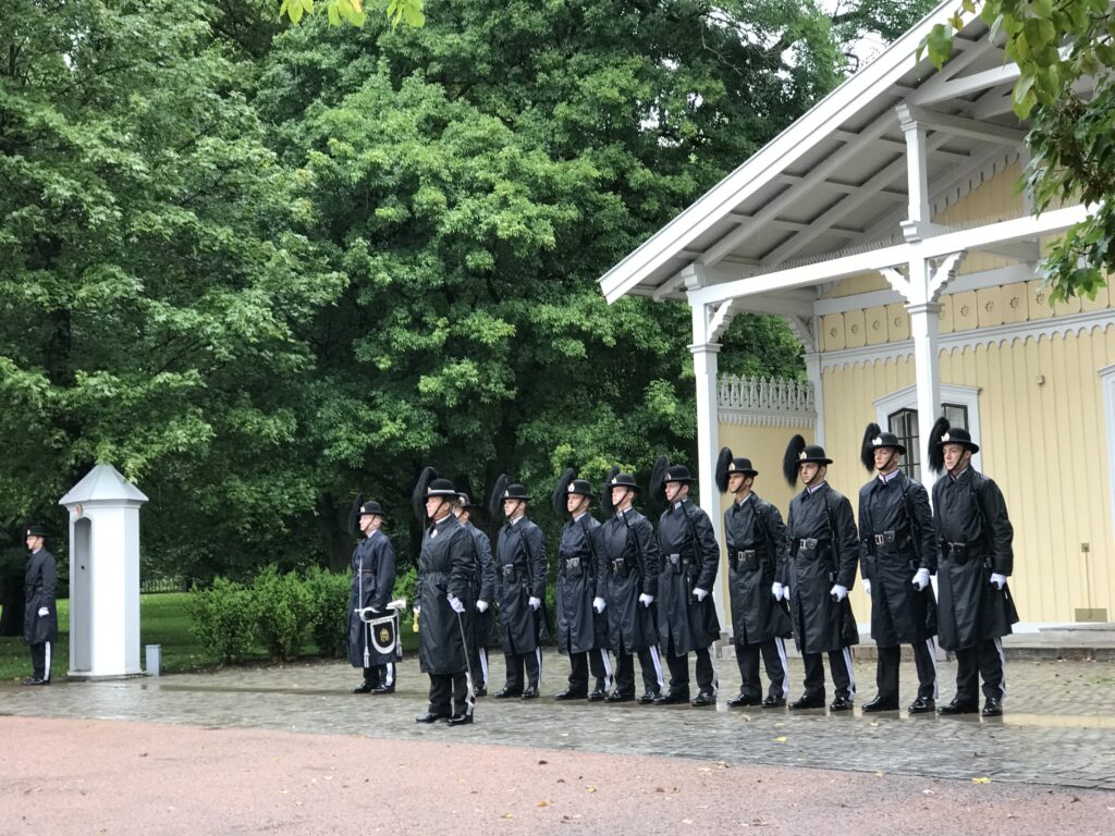 Norwegian royal guards lined up near guard post outside the Royal Palace in Oslo