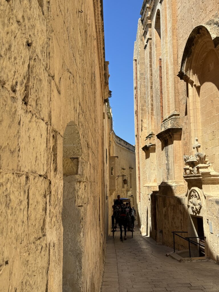 Narrow sandstone alley in Mdina, Malta, with high walls and pedestrians walking through the historic walled city.