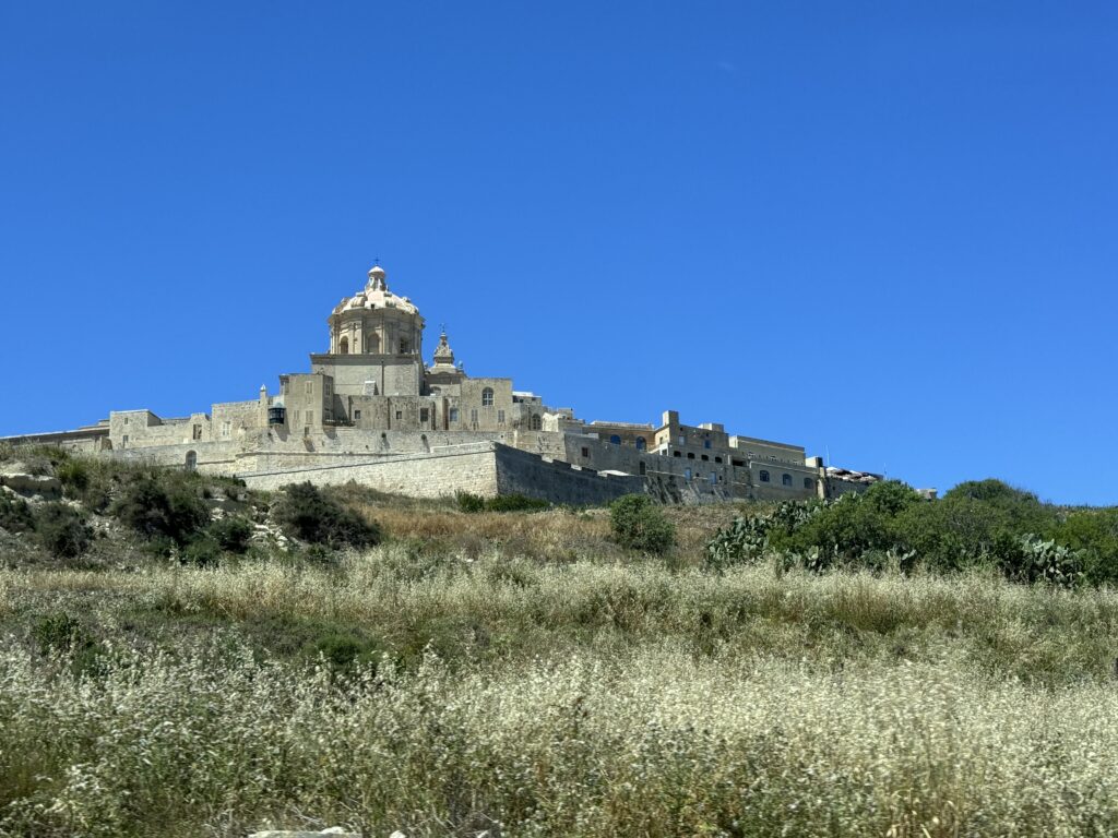 View of Mdina’s skyline from the countryside, with historic stone buildings and a domed church rising above grassy fields in Malta.