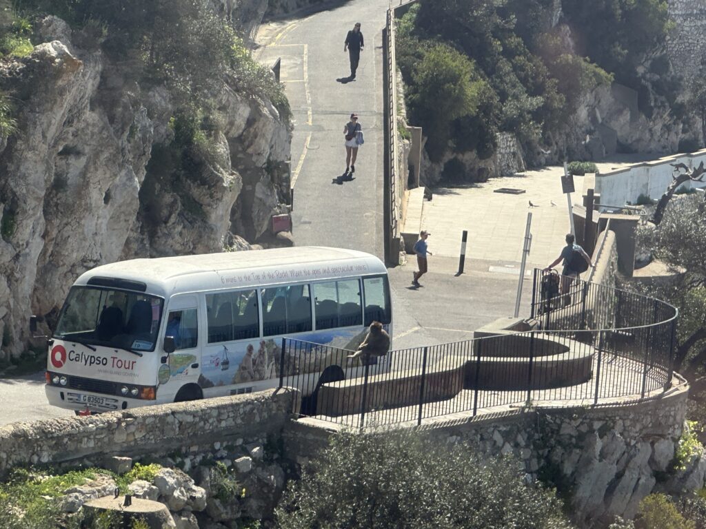 Tour bus parked along a narrow road on the Rock of Gibraltar, with visitors walking nearby and a Barbary macaque sitting on a railing overlooking the path.