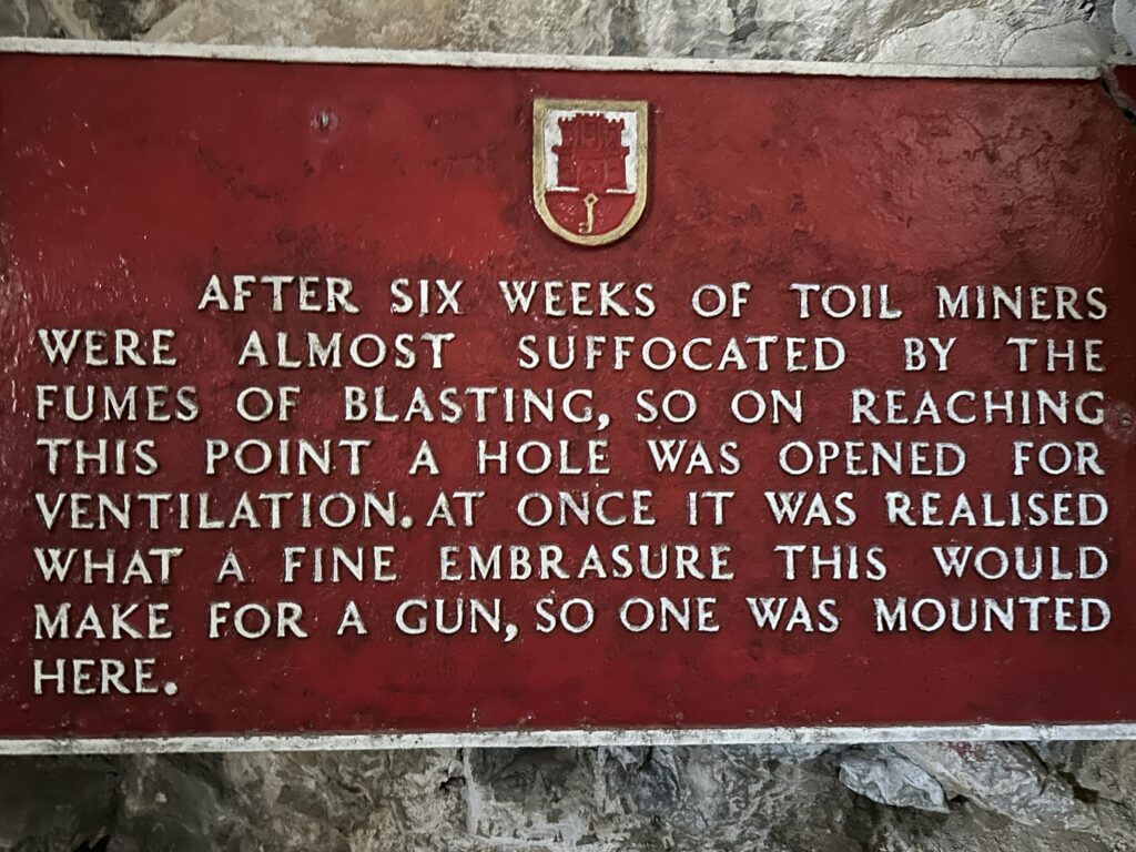 Plaque inside the Great Siege Tunnels explaining the ventilation hole created during blasting operations.