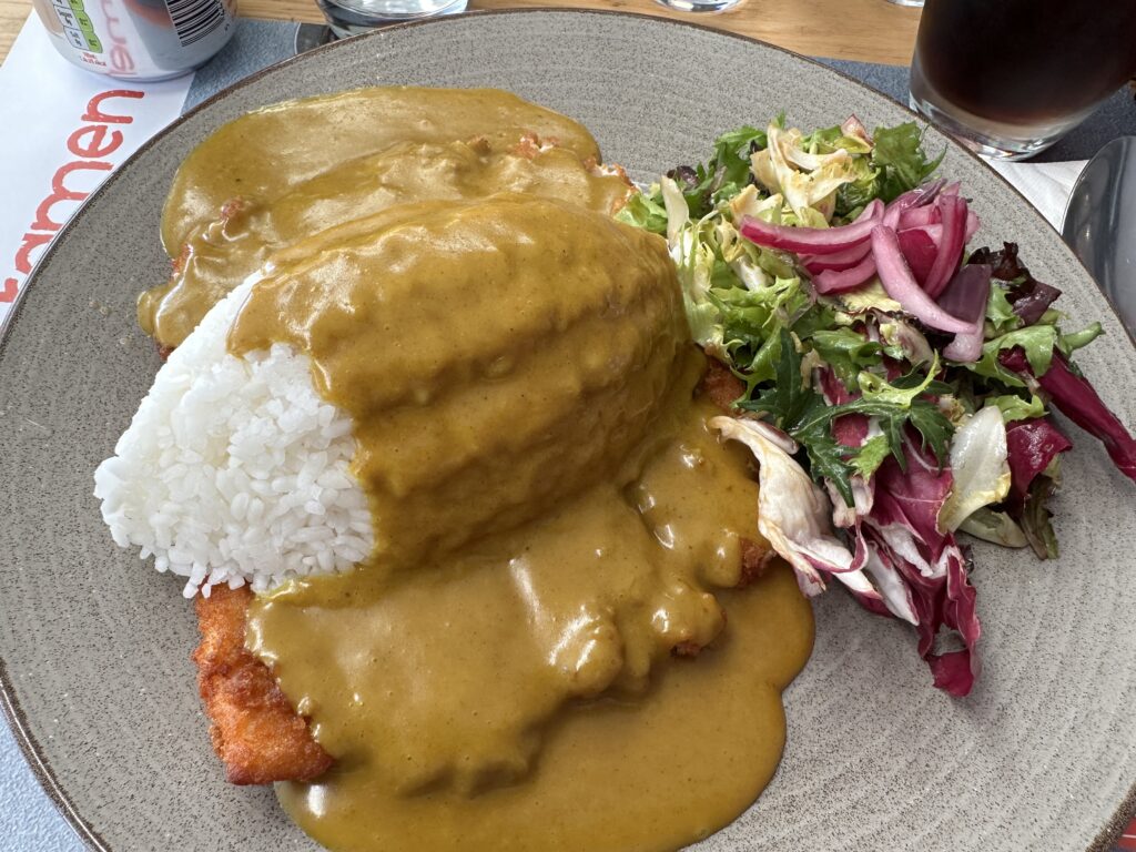 Japanese Katsu curry with rice and breaded cutlet covered in thick curry sauce, served with a side salad.