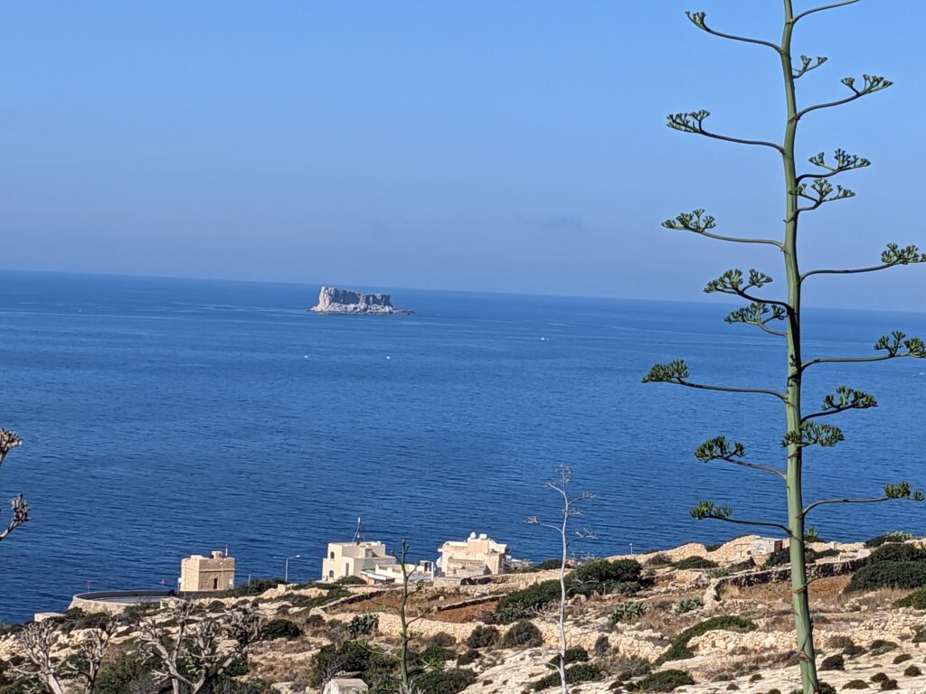 Coastal view with blue sea, a small rocky island offshore, and scattered houses and vegetation along a dry, rocky shoreline.