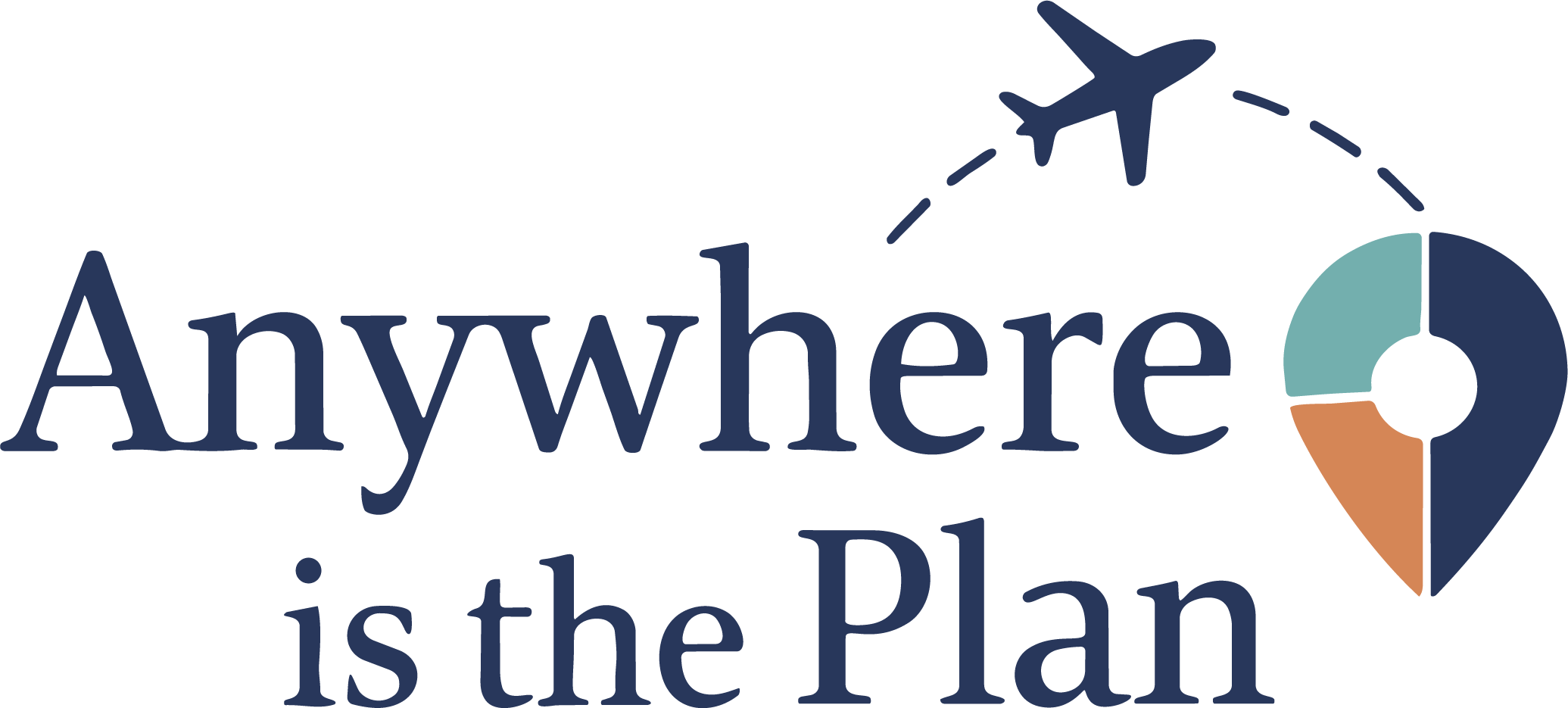 Logo with the phrase “Anywhere is the Plan,” featuring a stylized location pin and an airplane flying above, leaving a dotted trail.