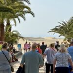Crowds heading toward the Maspalomas dunes through a palm-lined entrance, with golden sand dunes stretching out ahead in Gran Canaria