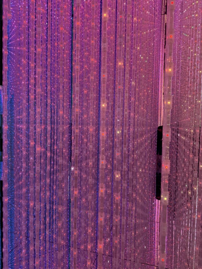Colorful LED light strands hang vertically, creating a shimmering, immersive wall of pink, purple, and blue lights; some strands sparkle with glowing dots in a dark environment.