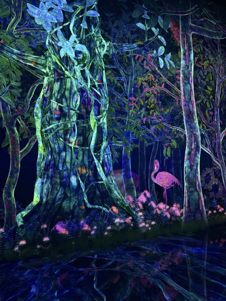 A glowing, neon-colored forest scene with large trees and bright green vines. Pink flowers cover the ground, and a pink flamingo stands among the trees in the surreal, illuminated landscape.
