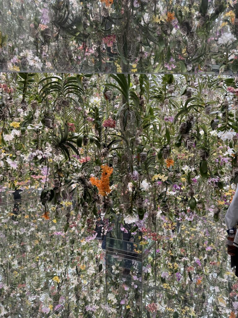 A dense arrangement of colorful flowers and green plants hangs from above, reflected in mirrors on the walls and ceiling, creating an immersive, kaleidoscopic garden effect.