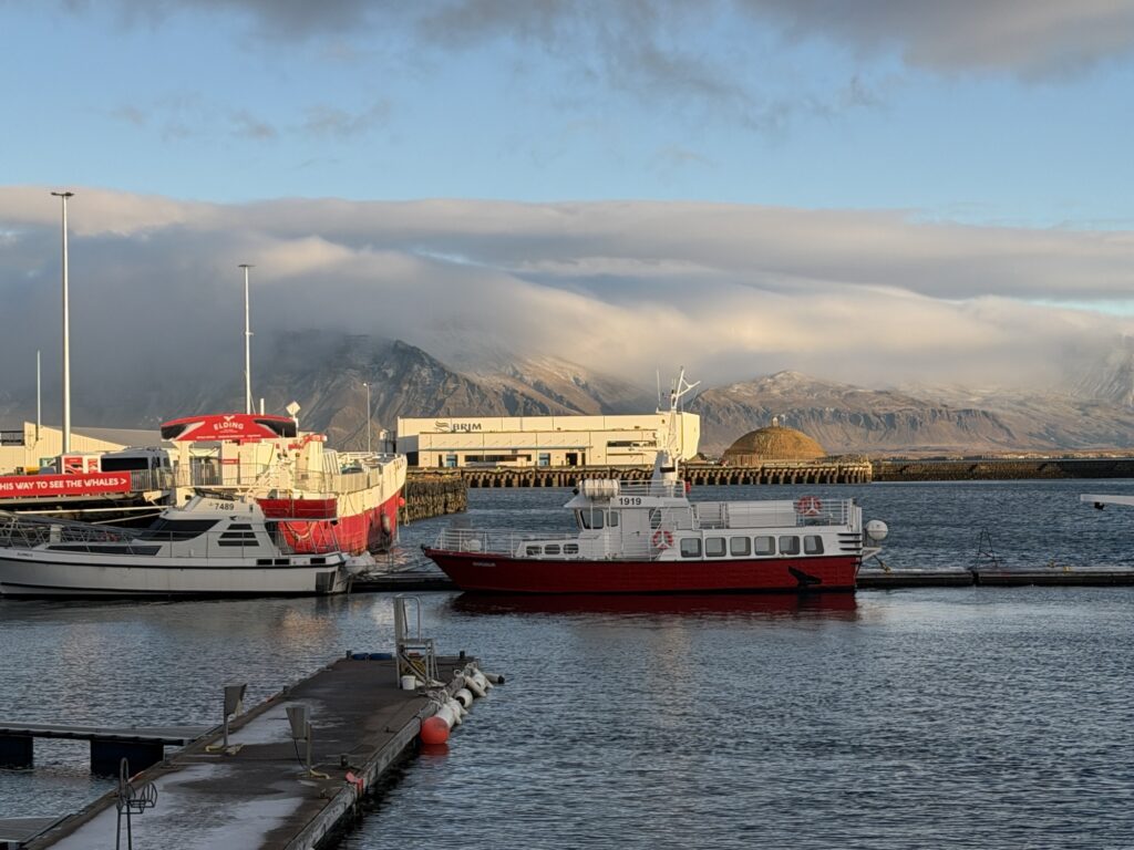 A small harbor with red and white boats docked, calm water, and a wooden pier in the foreground. Snowy mountains and a building are visible in the background under a partly cloudy sky.