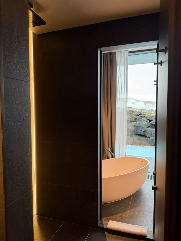 Modern bathroom with dark walls and soft lighting, featuring a white oval bathtub near a large window that overlooks an outdoor rocky landscape and cloudy sky. A rolled towel is on the floor by the tub.