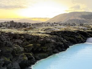 View of the volcanic landscape at the Blue Lagoon from our room patio.