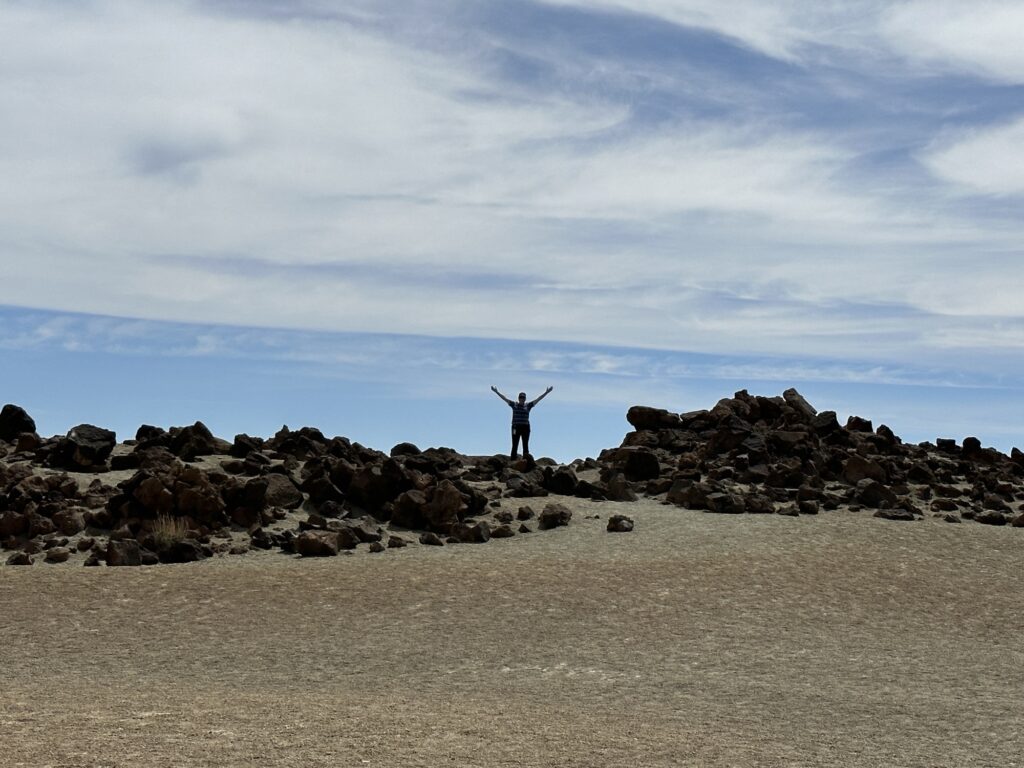 A person stands on rocky terrain with arms raised, surrounded by dark rocks, under a partly cloudy sky in a barren, desert-like landscape.