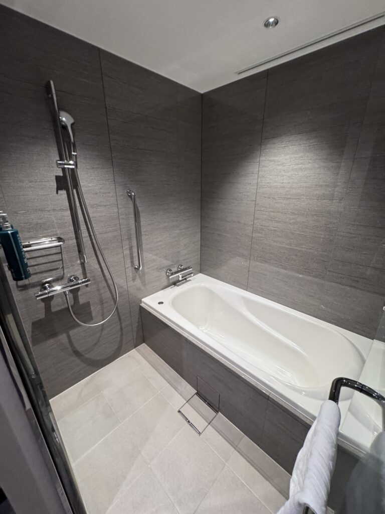 Modern bathroom with a white bathtub, gray tiled walls and floor, a showerhead with adjustable rail, a grab bar, and a towel hanging on a rack near the tub. The lighting is bright and the space appears clean.