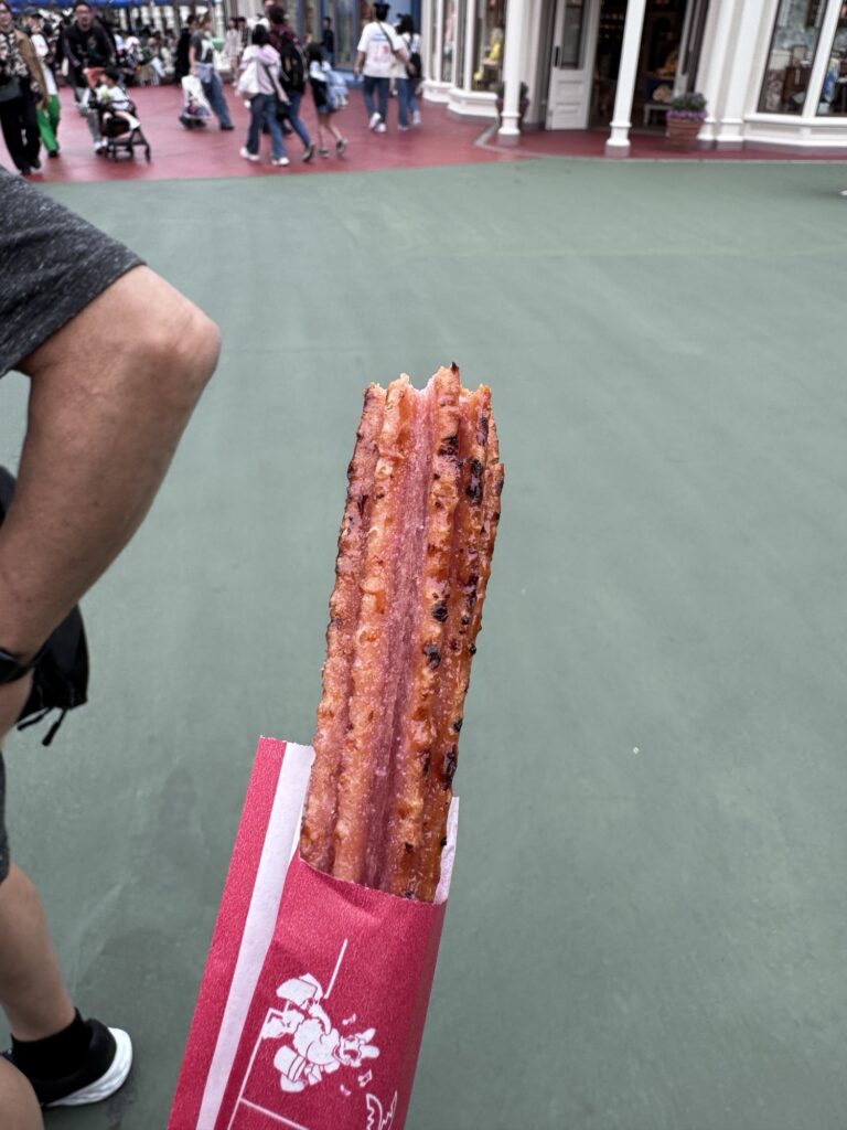 Tokyo DisneySea churro held in hand with caramelized exterior and crispy ridges