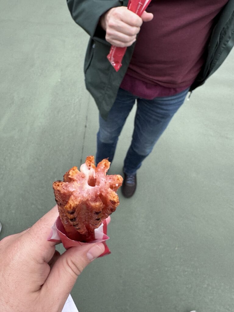 Close-up of bitten churro at Tokyo DisneySea showing soft interior and crispy outside texture