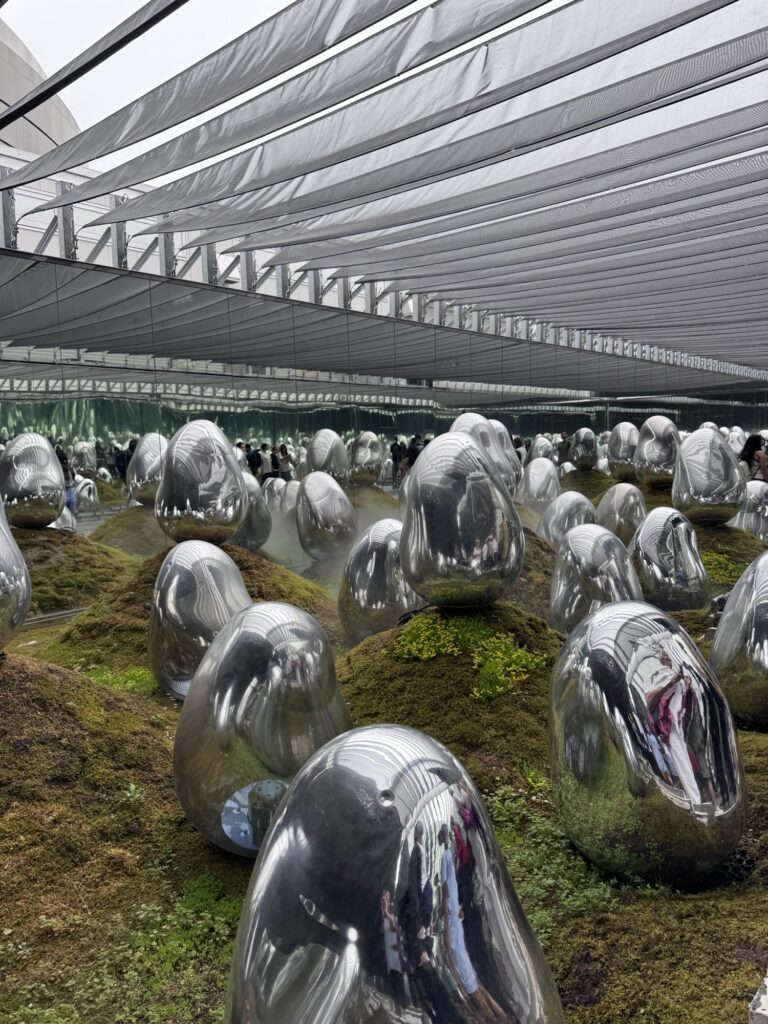 Reflective, silver, bean-shaped sculptures are scattered on mossy ground under a canopy with horizontal lines. Mirrors on the sides create an illusion of infinite repetition. Some people are visible in the reflections.
