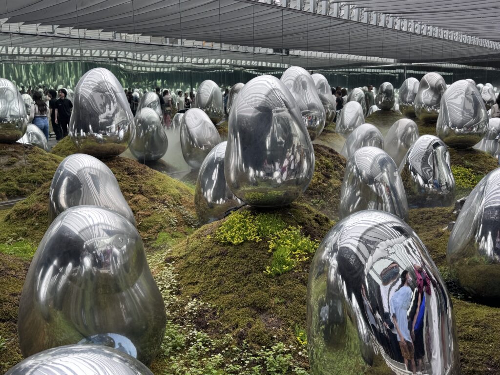 A large indoor exhibit features reflective, egg-shaped silver sculptures on moss-covered mounds, with people walking among them and mirrored walls creating an illusion of endless space.