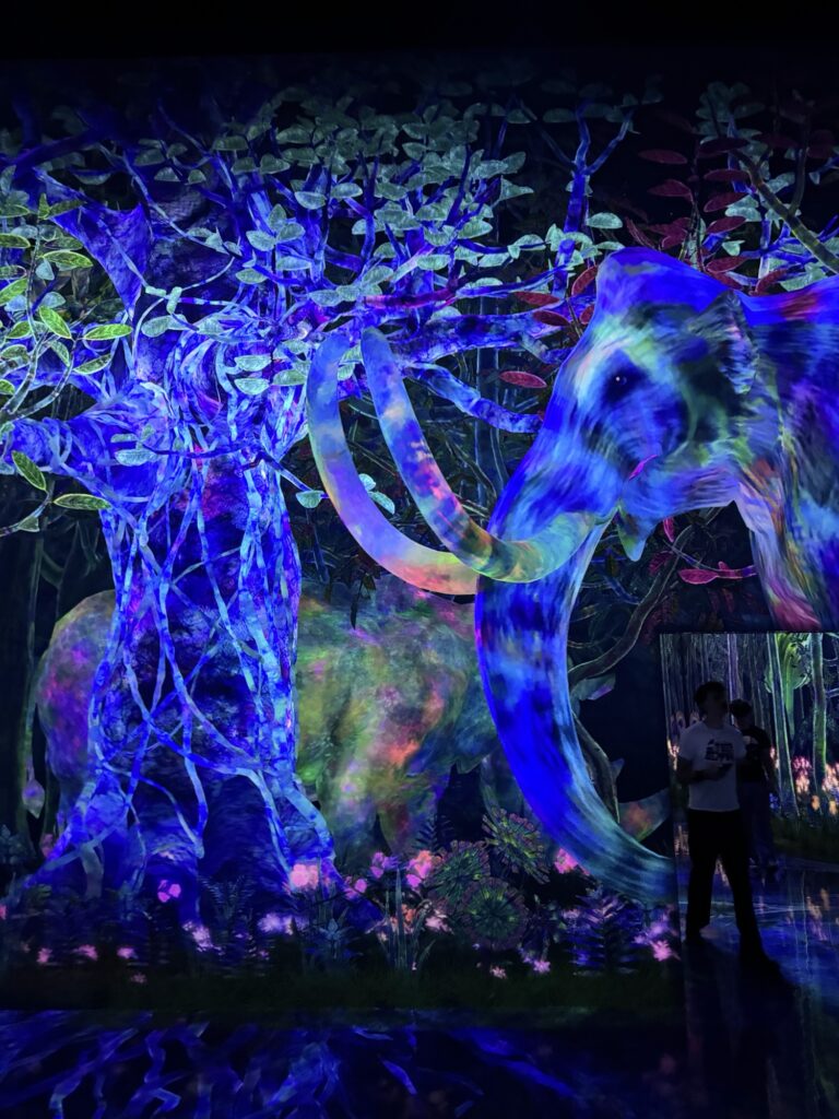 A glowing digital display shows colorful, neon images of a mammoth and trees. A person stands to the right, looking at the vivid, immersive scene. The lighting creates a surreal, dreamlike forest atmosphere.
