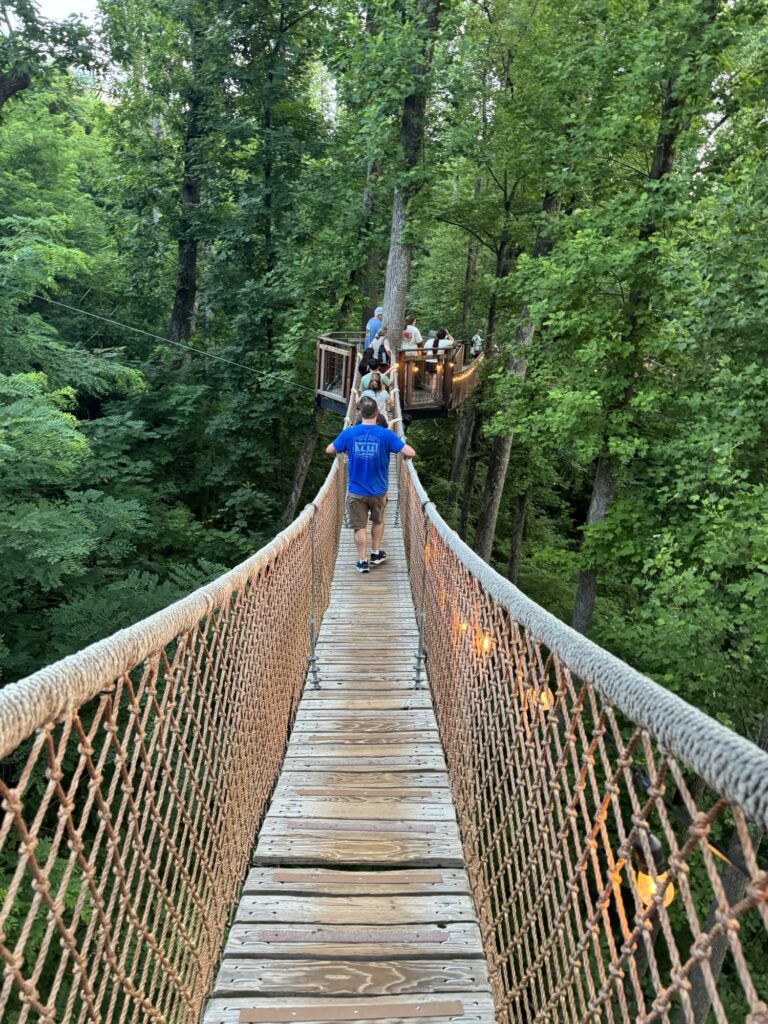 A person in a blue shirt walks across a wooden rope bridge surrounded by dense green trees, heading toward a platform where several people are gathered in the forest.