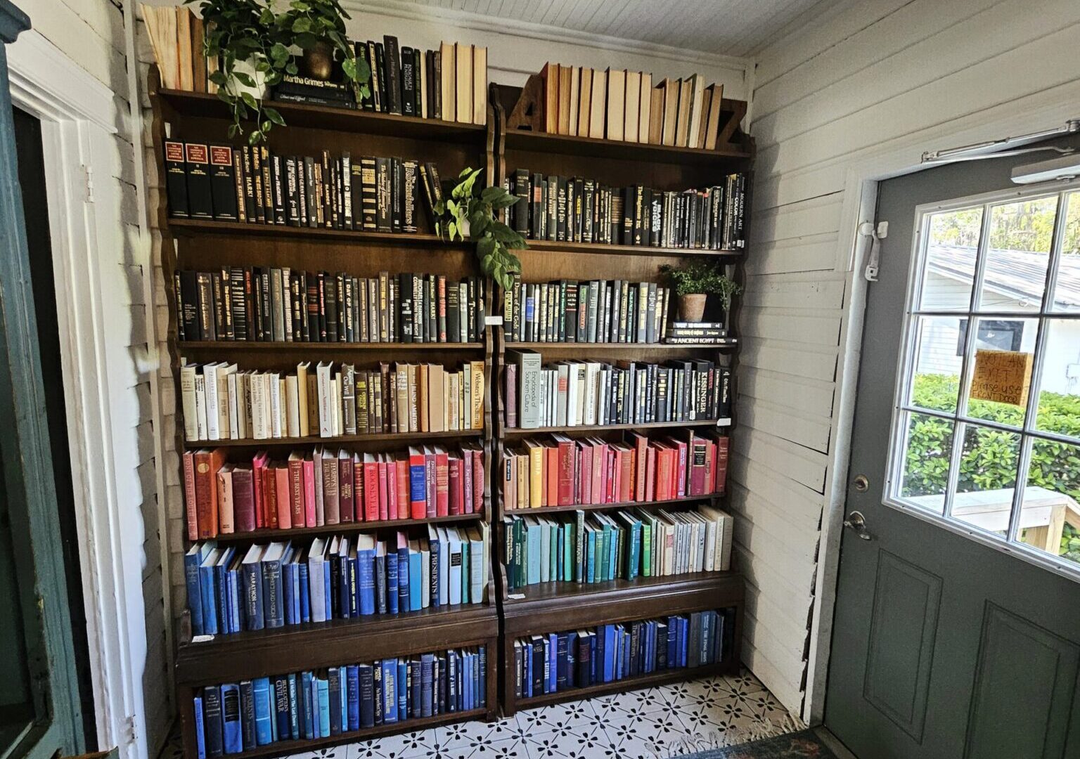 A well-organized library room with floor-to-ceiling bookshelves organized by color, featuring plants, patterned flooring, and an exit sign