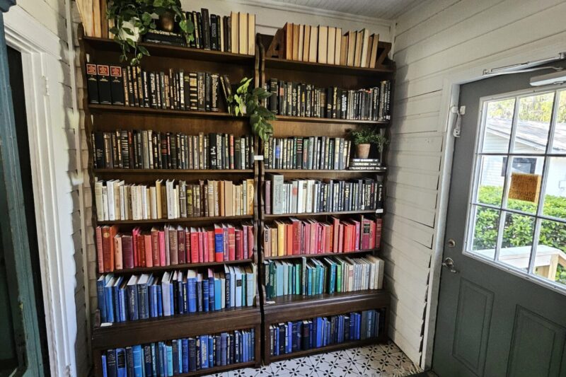 A well-organized library room with floor-to-ceiling bookshelves organized by color, featuring plants, patterned flooring, and an exit sign