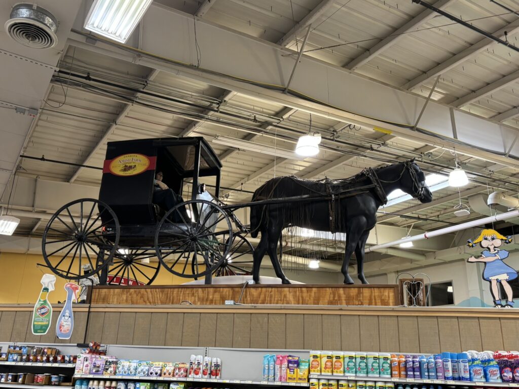 Amish buggy being pulled by a horse on display at Jungle Jim's International Market