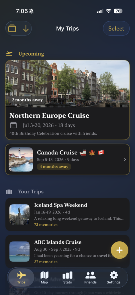 A screenshot of the TripChronos home screen that shows all upcoming and past trips. 
