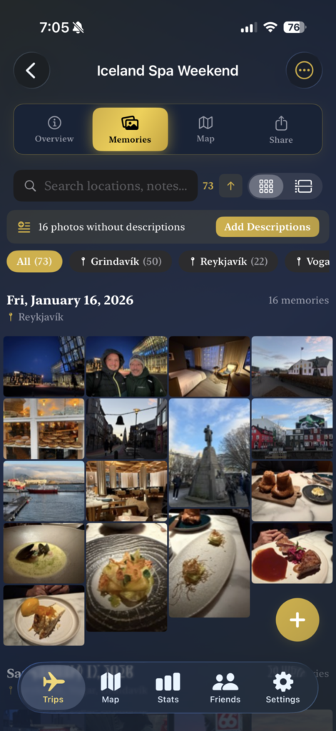 Screenshot of the TripChronos app, memories screen where photos are organized by date and location