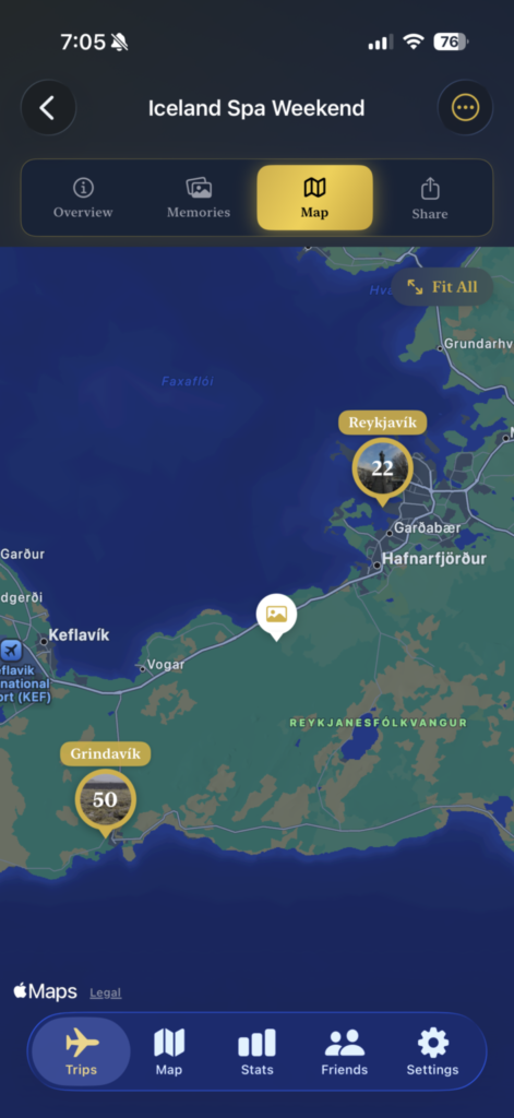 Screenshot of TripChronos app showing how images are organized by city on a map.