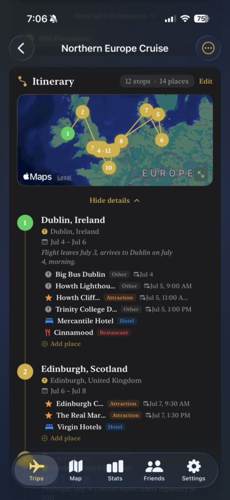 Screenshot of the TripChronos itinerary planning screen