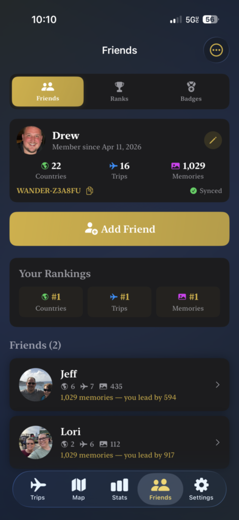 TripChronos Friends screen shows your profile information and friends you've connected with.