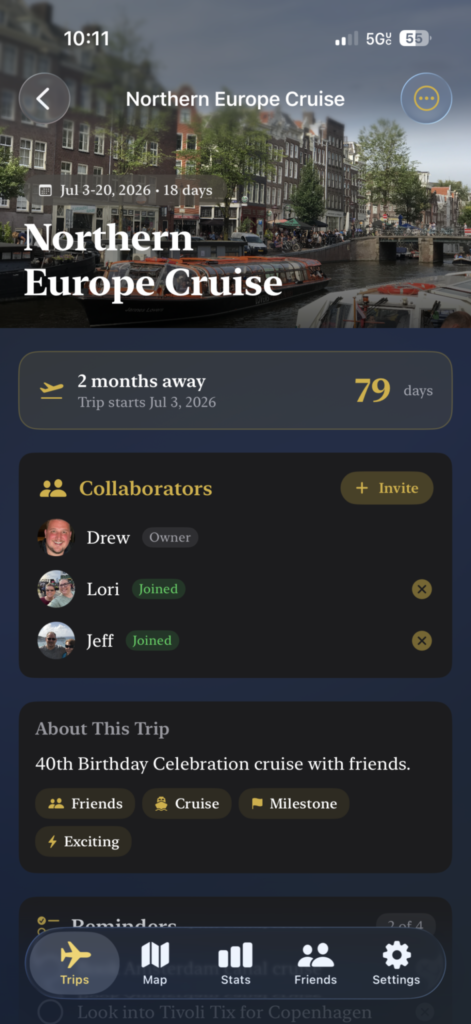 TripChronos Upcoming Trip Collaboration shows the trip name and collaborations enabled on the trip