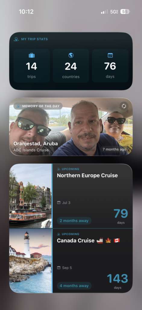 TripChronos home screen widgets shows stats about your travel, a past image with travelers in the back of a car, and a trip countdown for an upcoming cruise to Northern Europe