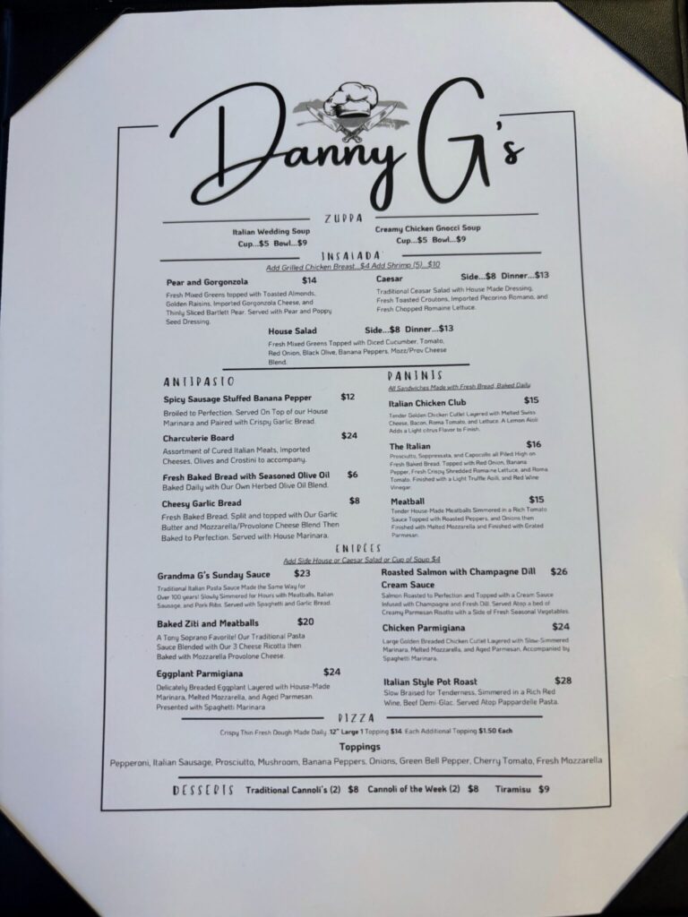 A menu of Italian dishes available at Danny G's showing menu options with the prices for those dishes.