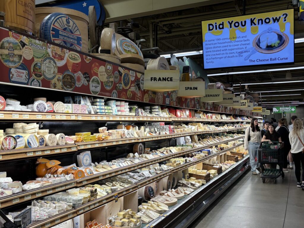 Cooler displays of cheeses from all over the world with big displays on top of the cooler. 