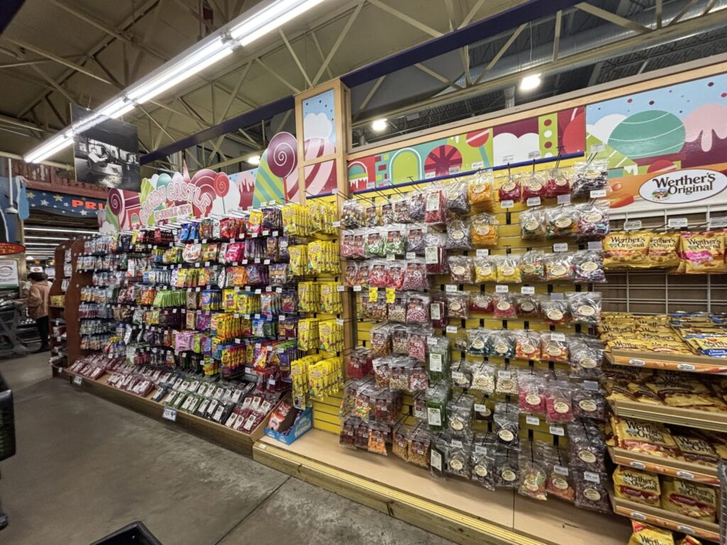 Hanging candy at Jungle Jim's showing large variety of diffeernt brands and flavors. 