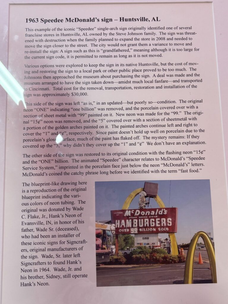 A museum placard describes a 1963 Speedee McDonald's sign from Huntsville, Alabama, with a photograph of the restored vintage neon sign displaying red lettering and golden arches