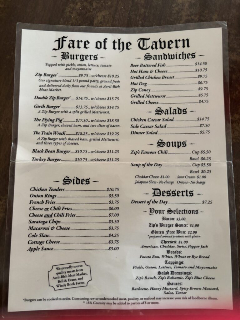 Printed restaurant menu titled "fare of the Tavern' featuring sections for burgers, sandwiches, salads, sides , and desserts, with items like Zip Burgers, beer battered fish, chicken Caesar, and onion rings listed with prices."