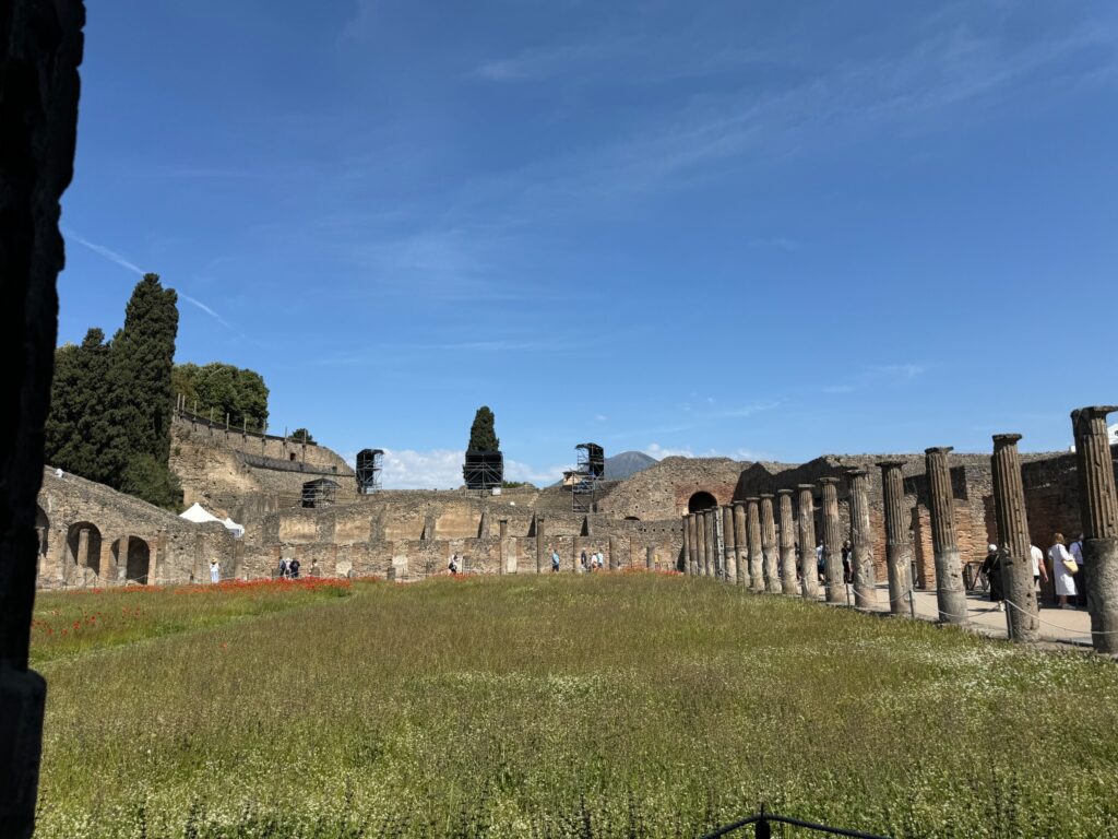 Ancient Roman ruins with standing columns, stone structures, and cypress trees under clear blue sky in Pompeii