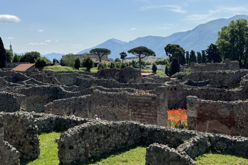 Ancient Roman stone ruins with brick walls in foreground, green landscape and mountains visible beyond in Pompeii