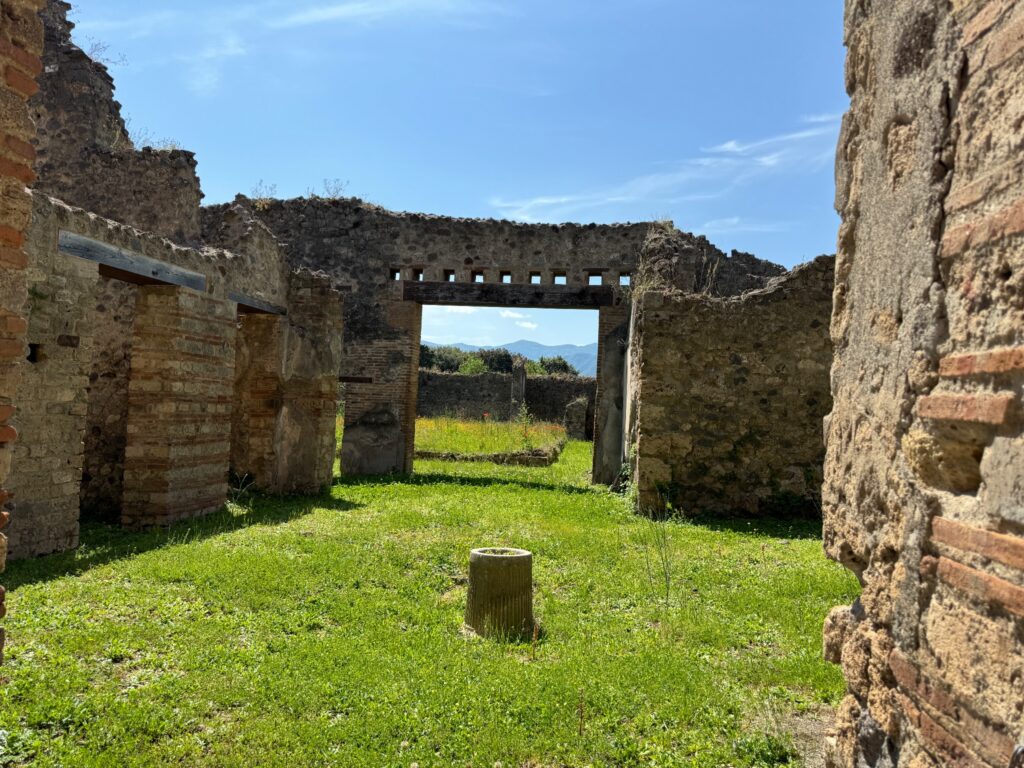 Ancient Roman ruins with brick walls frame a grassy courtyard and distant mountains under blue sky