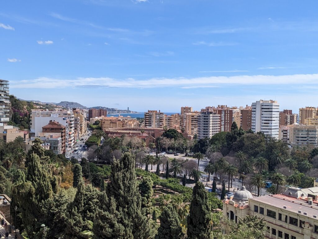 Coastal Malaga skyline with high-rise apartments, palm trees, and sea visible in the distance under blue sky