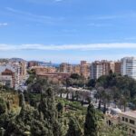 Coastal Malaga skyline with high-rise apartments, palm trees, and sea visible in the distance under blue sky