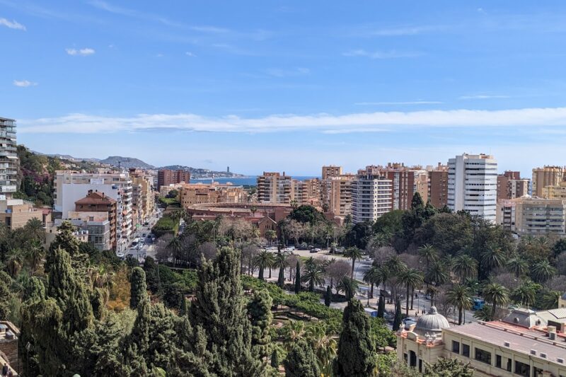 Coastal Malaga skyline with high-rise apartments, palm trees, and sea visible in the distance under blue sky