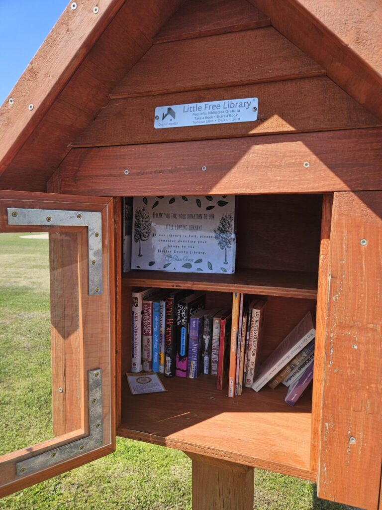 Wooden Little Free Library box filled with books stands on a lawn under clear blue sky