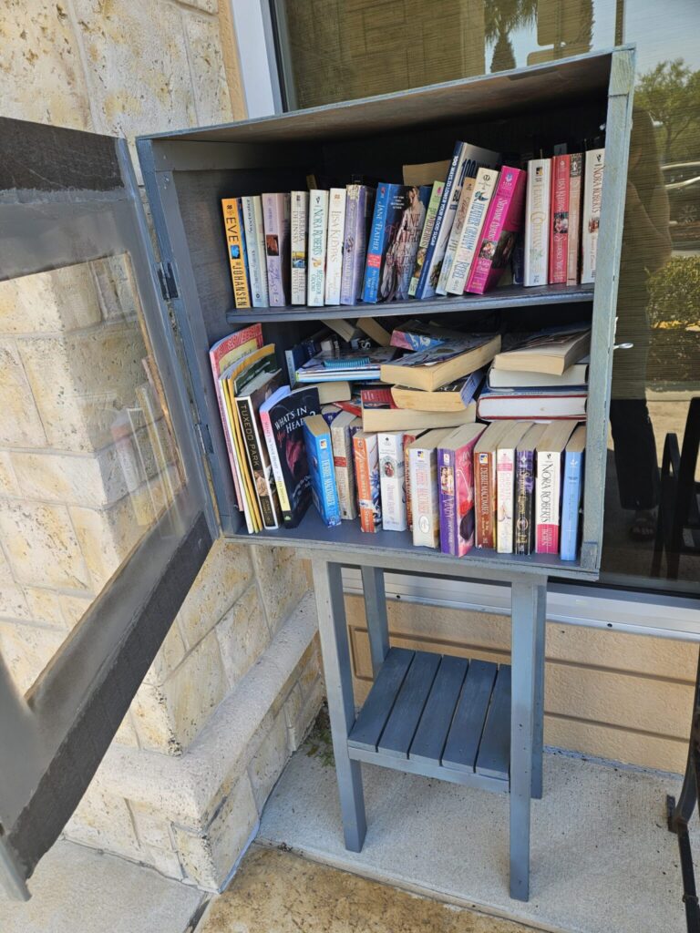 A blue outdoor book cabinet mounted on a stand against a stone wall displays numerous colorful books organized on three shelves