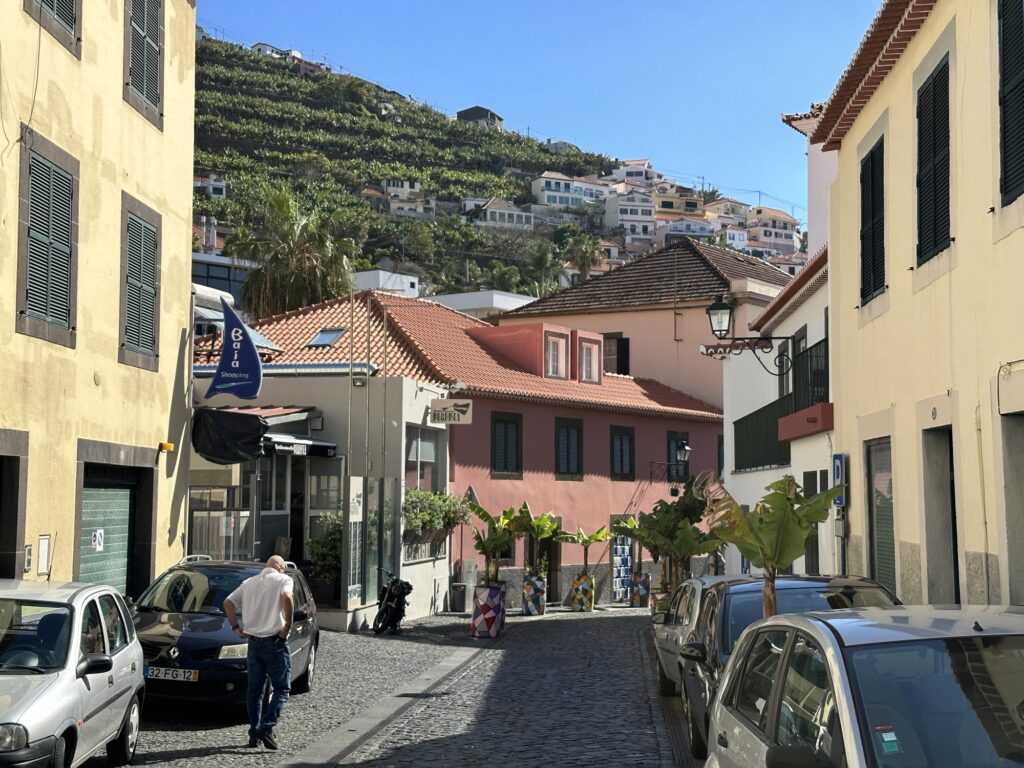 Quiet street in Funchal Madeira with pastel buildings and hillside homes in the background